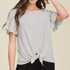 Stripe top with knot front and ruffle sleeve